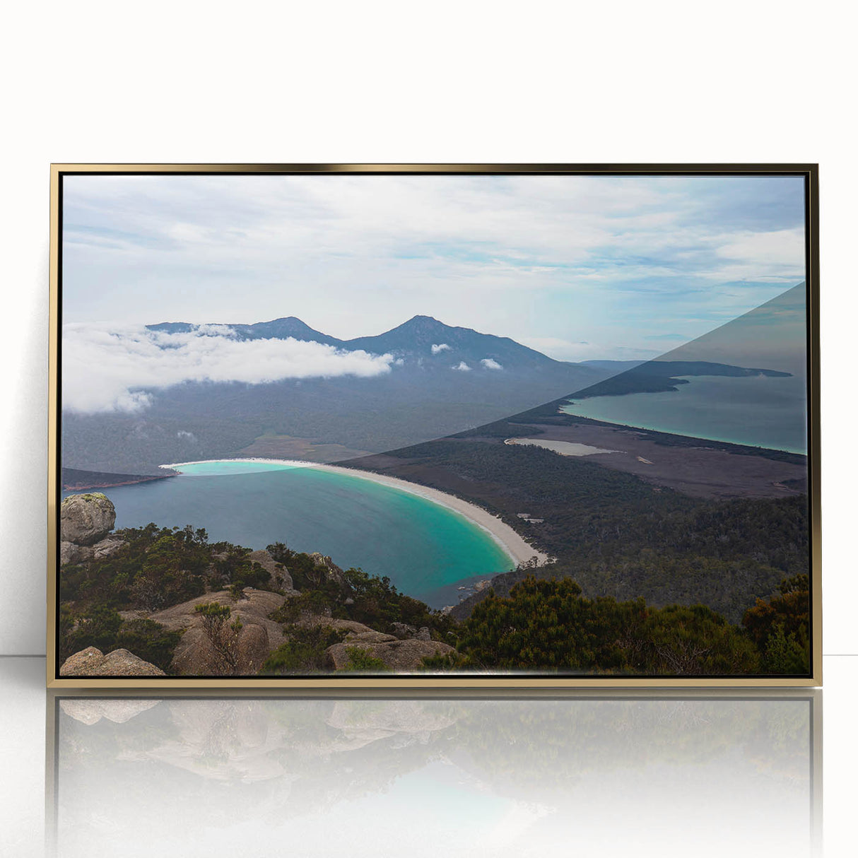 Mid-century modernist art depicting Tasmania scenery in gold and green tones on a framed acrylic, ideal for nursery wall art.