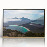 Mid-century modernist art depicting Tasmania scenery in gold and green tones on a framed acrylic, ideal for nursery wall art.