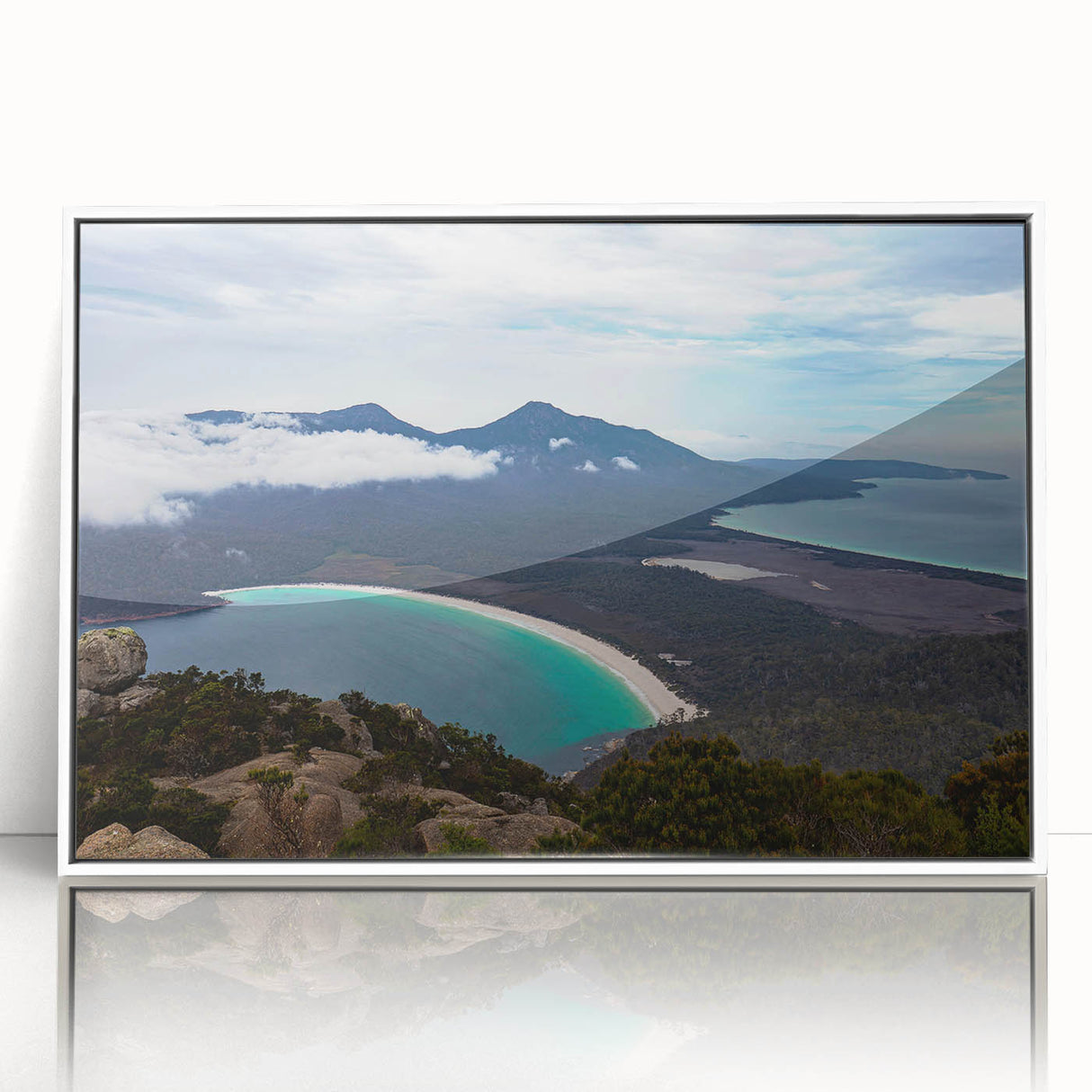 Framed acrylic print of a serene Tasmanian landscape in muted earth tones, ideal for modern art wall decor.