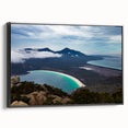Black and white landscape art painting of Tasmania on framed canvas, ideal for bedroom wall decor.
