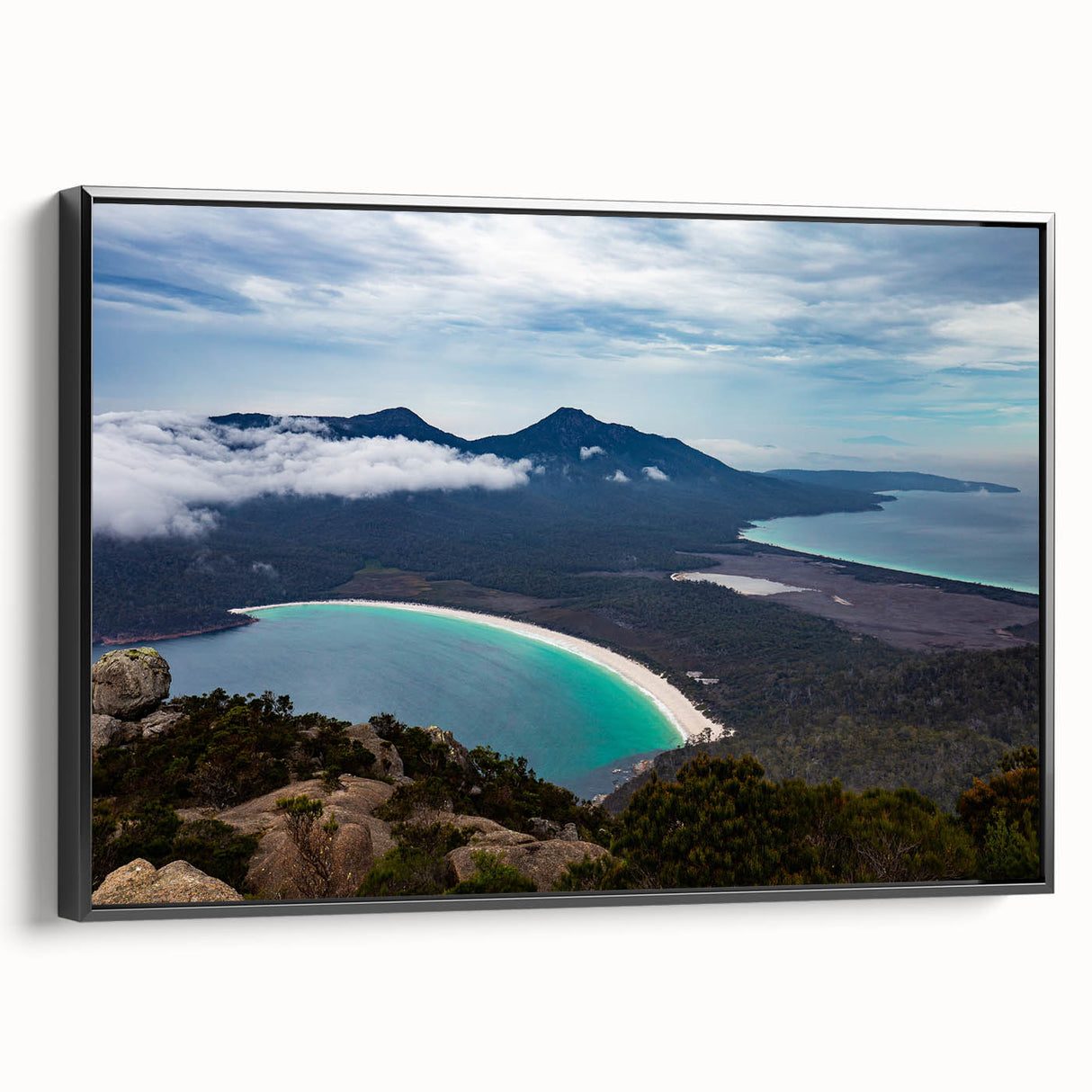 Black and white landscape art painting of Tasmania on framed canvas, ideal for bedroom wall decor.