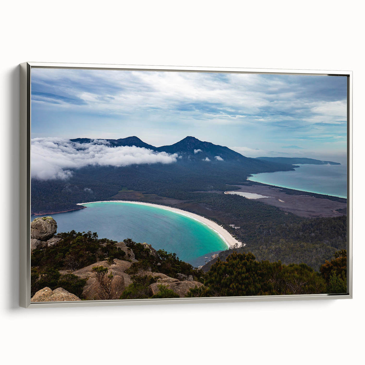 Framed canvas landscape art painting depicting Tasmanian scenery in muted earth tones, ideal for bedroom wall art.