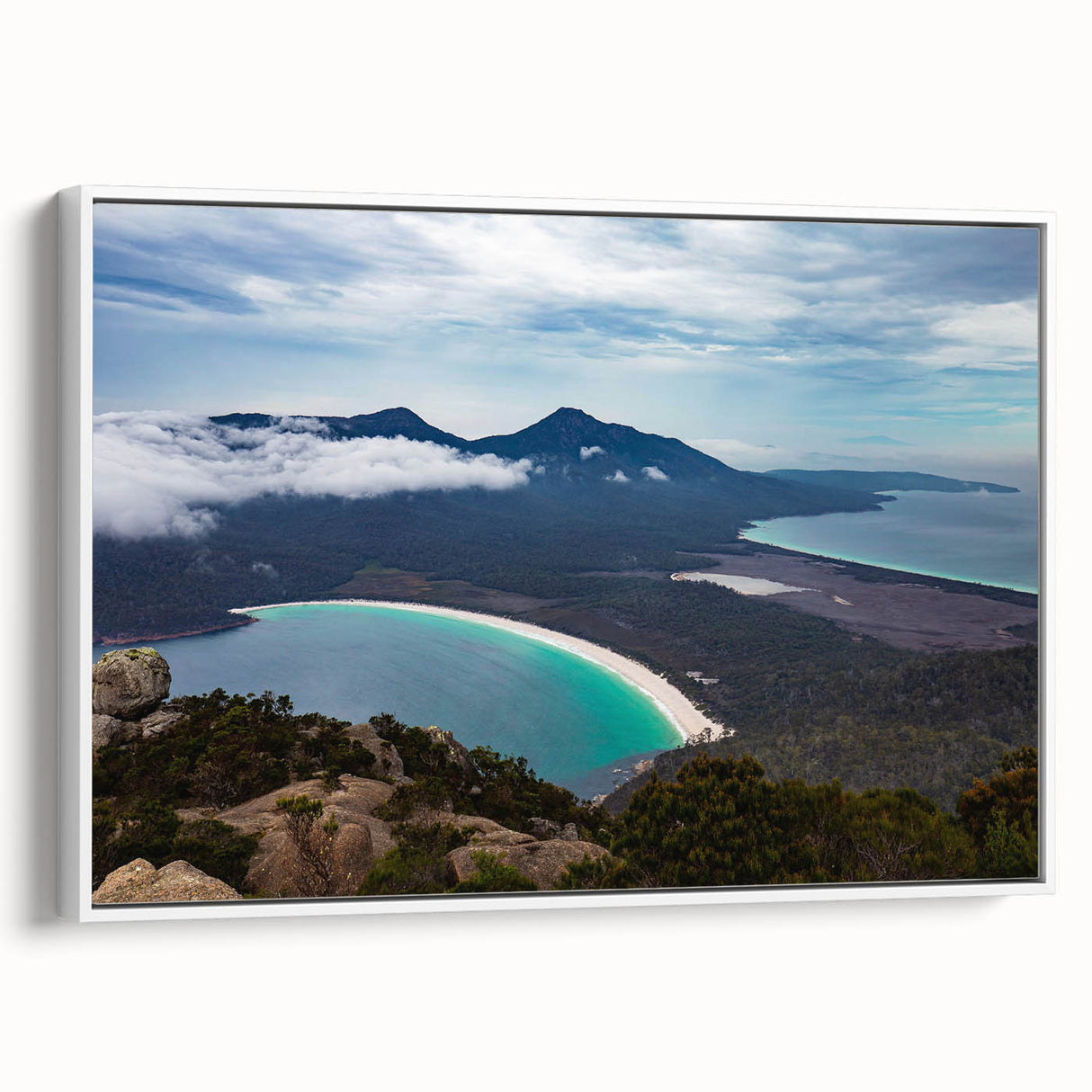 Landscape art painting of Tasmania scenery on framed canvas, featuring colorful art with black borders.