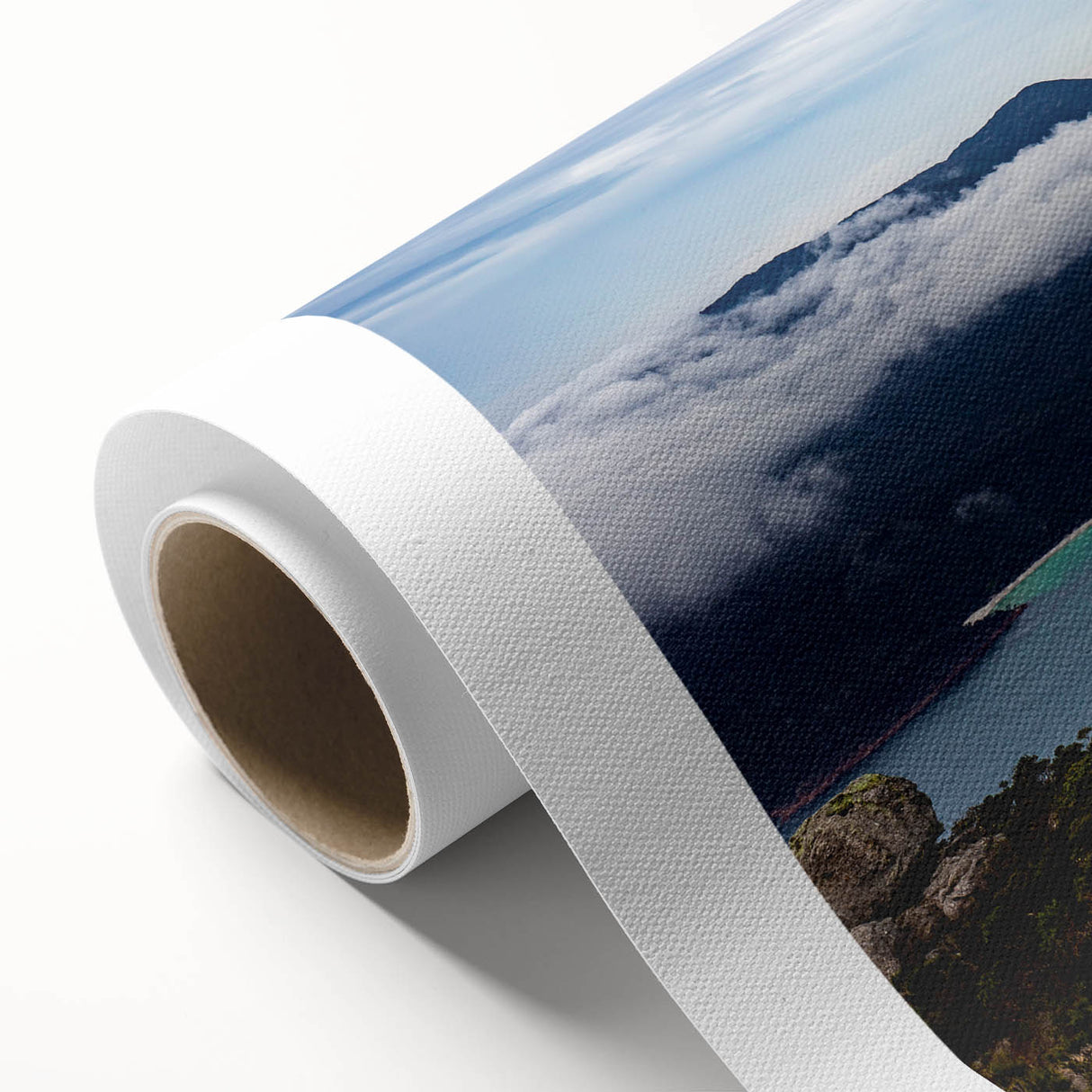 Art deco poster of Tasmania scenery in muted green and blue tones on rolled canvas, ideal for nursery wall art.