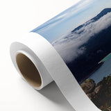 Art deco poster of Tasmania scenery in muted green and blue tones on rolled canvas, ideal for nursery wall art.