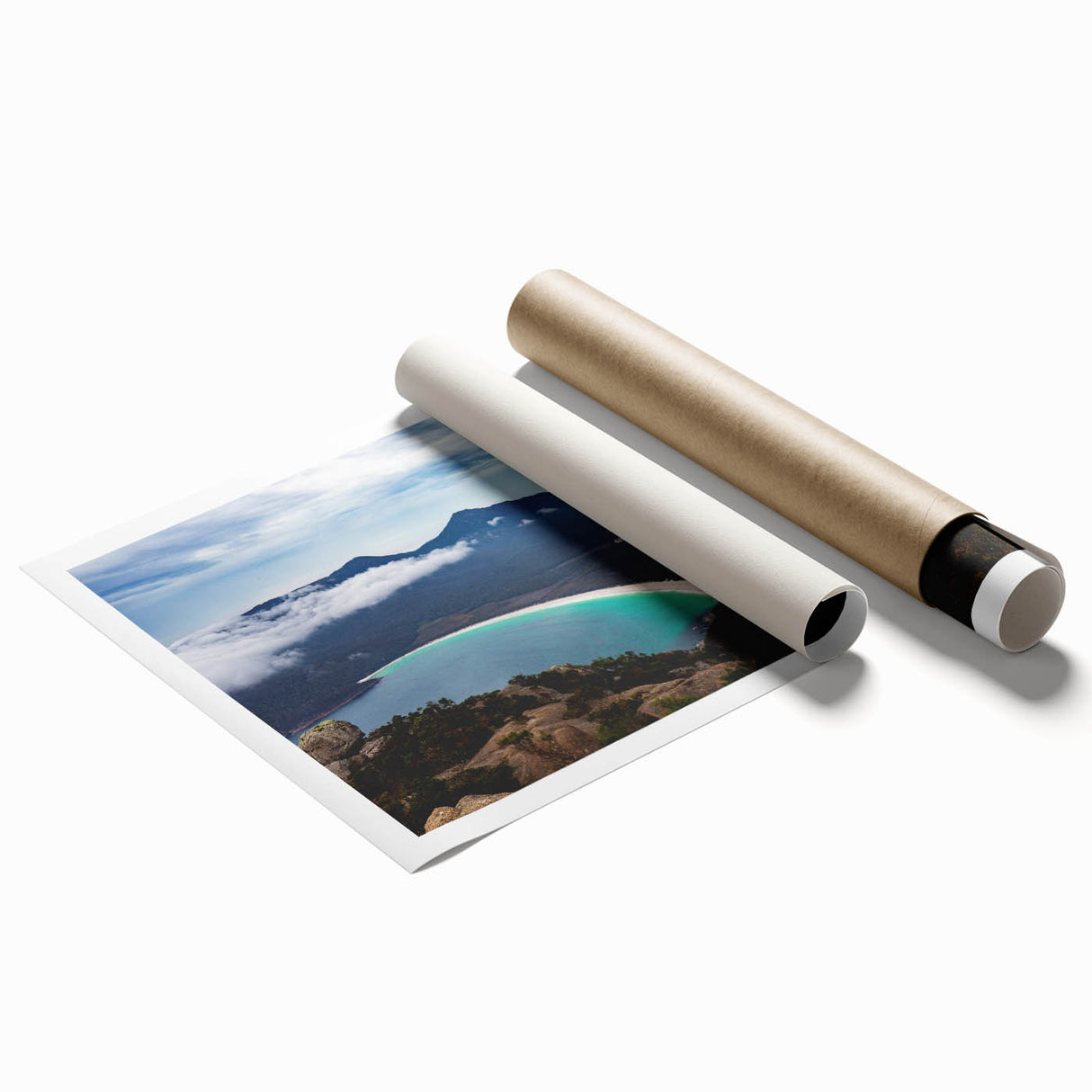 Extra large rolled print of Tasmania scenery with vibrant green and blue tones, ideal for classy bathroom wall art.