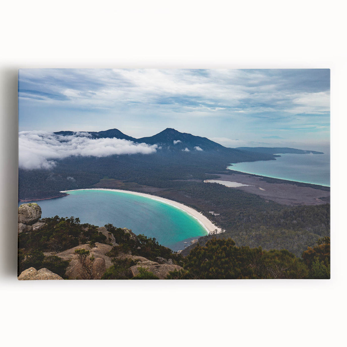 Black and white photograph of Tasmanian landscape on stretched canvas, suitable for kitchen art.