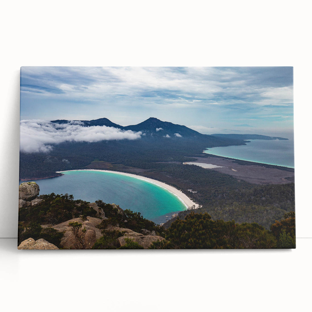 Black and white photograph of a Tasmanian landscape on a large stretched canvas, ideal for kitchen wall art or bedroom decor.