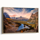 Framed canvas featuring a vintage-style landscape painting of British Columbia, in muted gold and black tones.