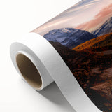 Art Deco poster of British Columbia scenery on rolled canvas, featuring muted green and blue tones.