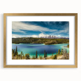Extra large abstract art print featuring textured scenery of Yukon, Canada in muted earth tones, framed in gold.