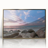 Art deco poster featuring a Caribbean landscape on framed acrylic, with vibrant blue and green tones.