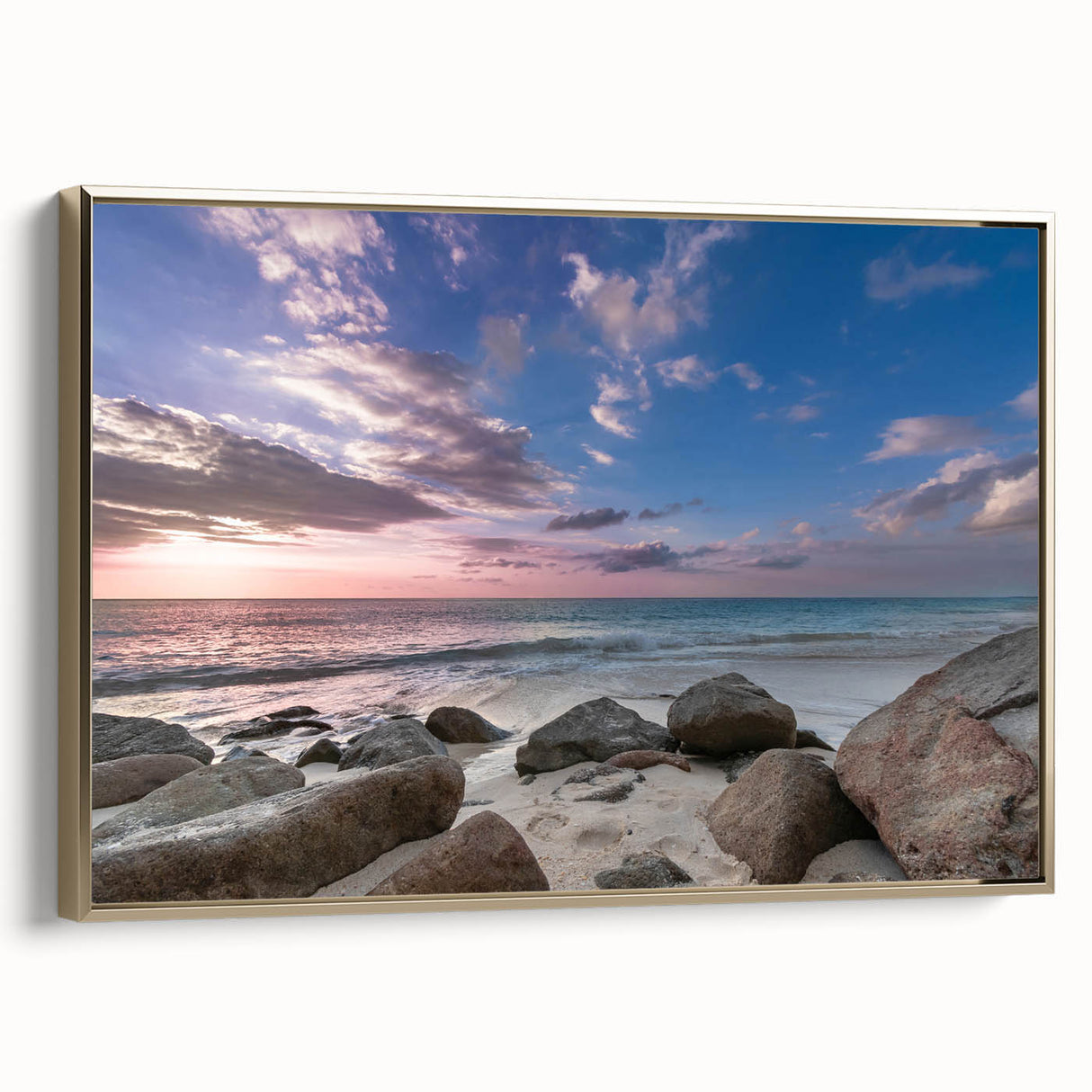 Vintage poster art of Caribbean Antigua scenery on extra large framed canvas, featuring vibrant colors.
