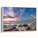 Framed canvas of a vintage Caribbean landscape painting with vibrant blue and green hues, ideal for living room decor.