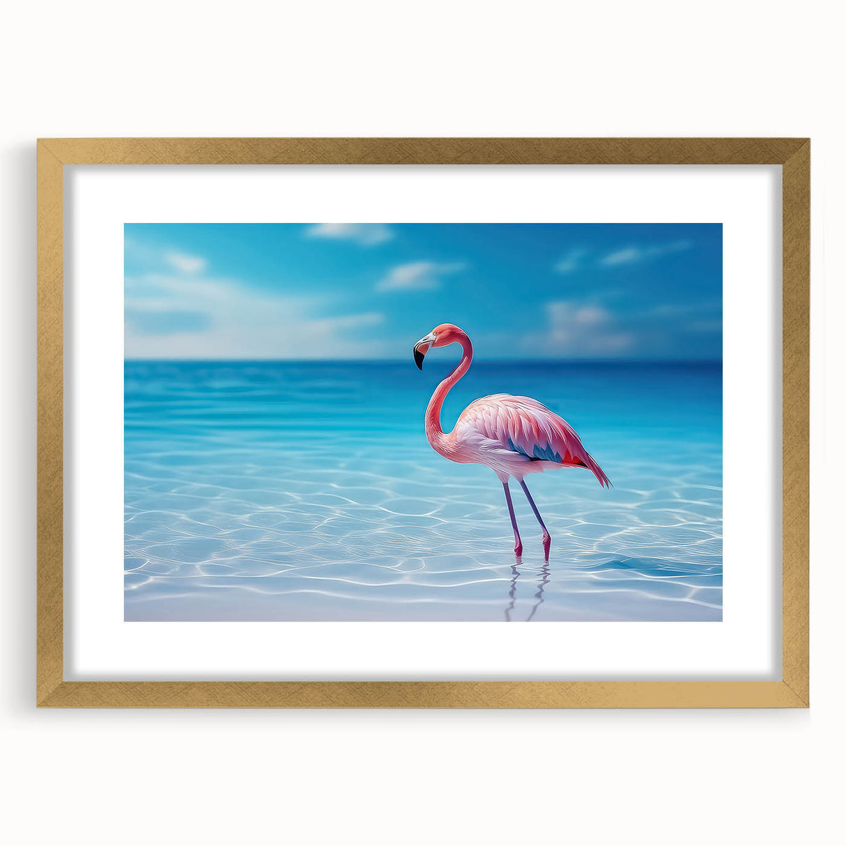 Abstract art print of Caribbean scenery in muted blue and green hues on a framed canvas, ideal for dining room decor.