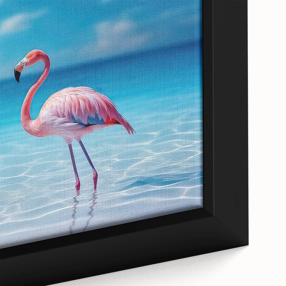 Extra large framed canvas featuring a textured black background with vibrant, colorful Caribbean scenery.