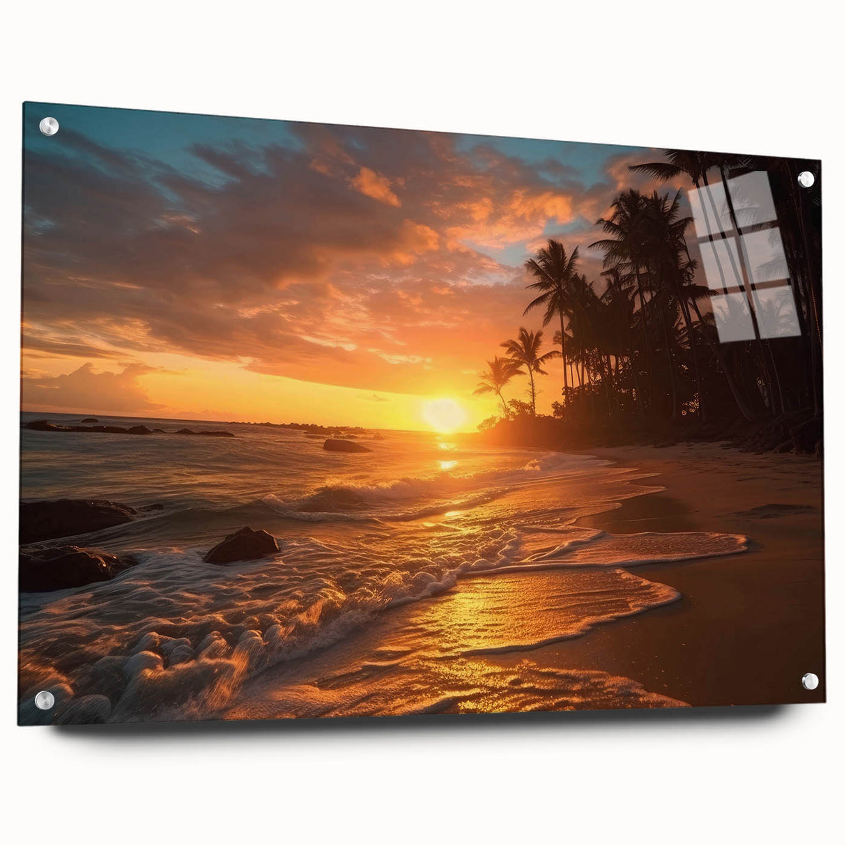 Acrylic print of a Caribbean scenery with vibrant blue and green tones, ideal for bedroom or dining room decor.