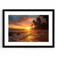 Extra large abstract art print depicting a colorful Caribbean scenery on textured canvas, framed in black.