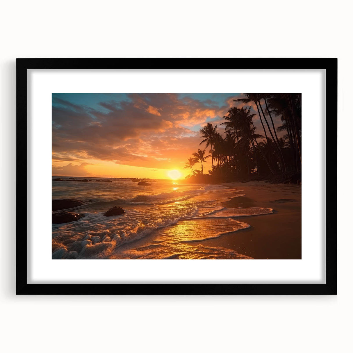 Extra large abstract art print depicting a colorful Caribbean scenery on textured canvas, framed in black.