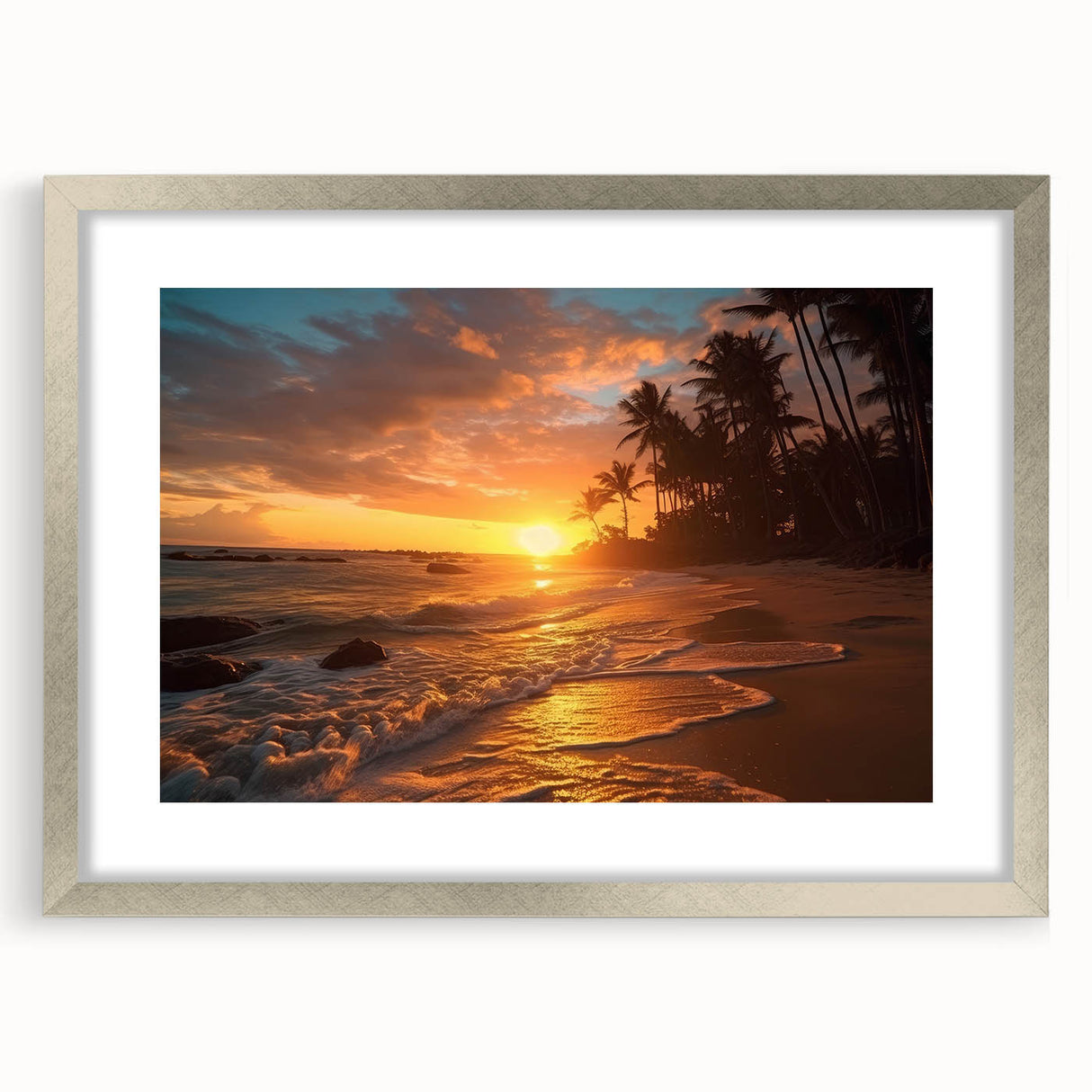 Extra large wall art for living room featuring an abstract Caribbean Bahamas scenery in textured silver frame with mat.