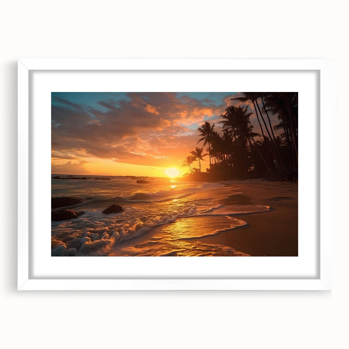 Textured abstract art print of a Caribbean seascape in cool blue and white tones, framed in white.