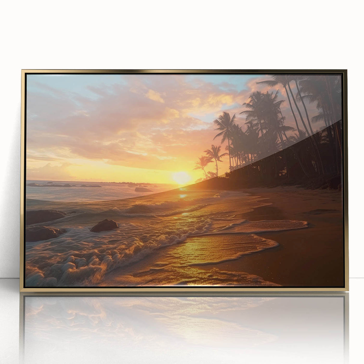 Art deco poster of a Caribbean beach scene in muted blues and greens on framed acrylic, suitable for modern nursery decor.