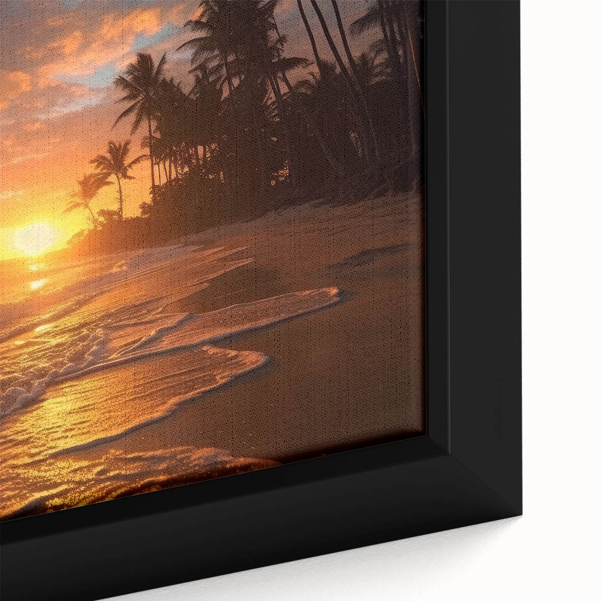Black wall art depicting a textured Caribbean scenery with vibrant colors on a framed canvas, suitable for living room decor.