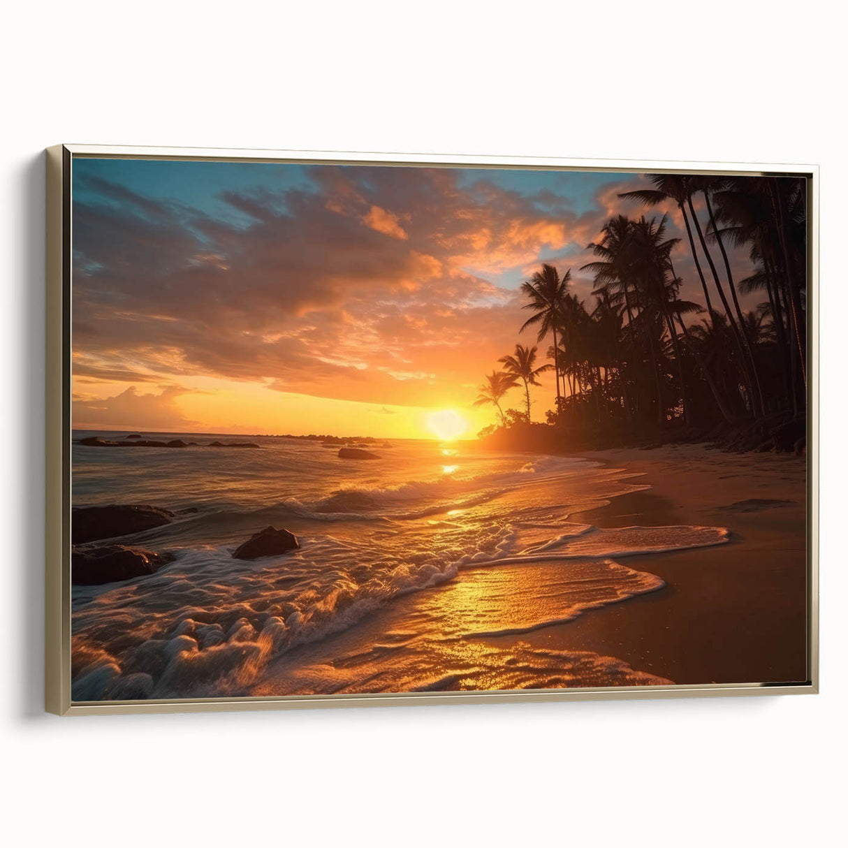 Framed canvas wall art depicting a vintage-style landscape of the Caribbean Bahamas, with muted gold tones.