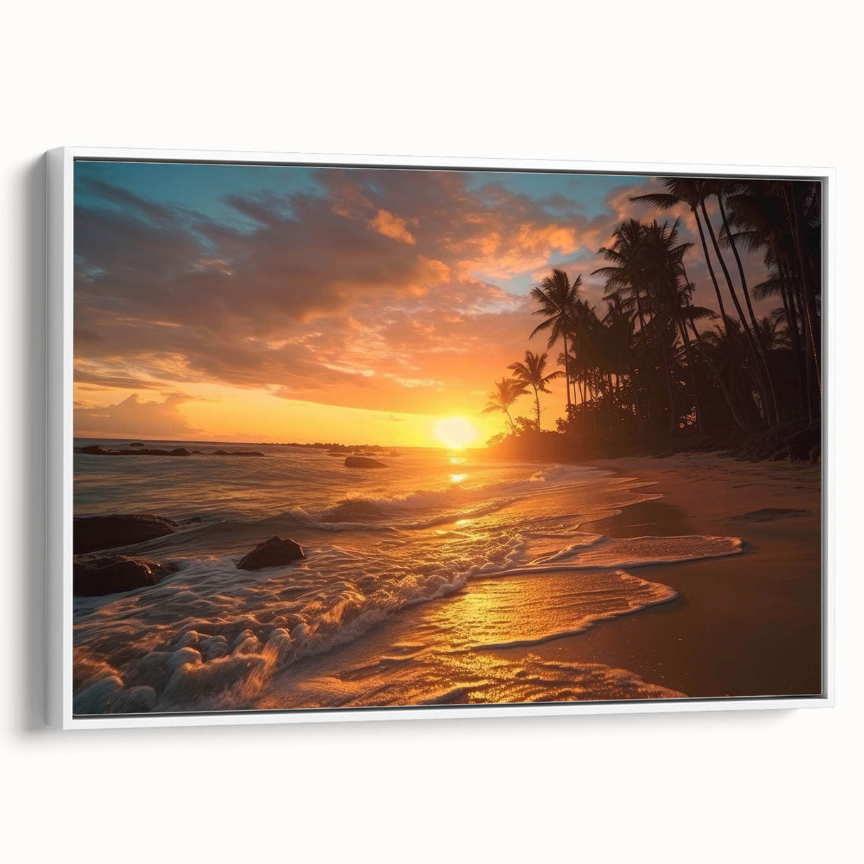 Vintage poster art of a Caribbean beach scene on framed canvas, featuring vibrant blue and green tones.