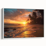 Vintage poster art of a Caribbean beach scene on framed canvas, featuring vibrant blue and green tones.