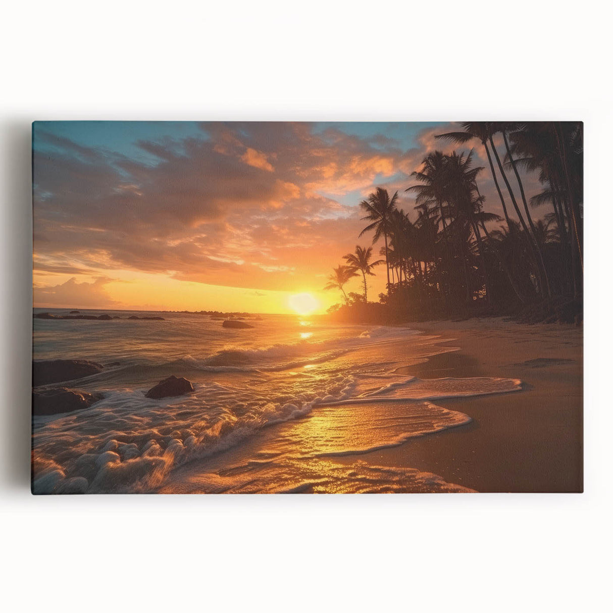Black and white stretched canvas of a Caribbean beach scene, ideal for kitchen wall art or bedroom ambiance.