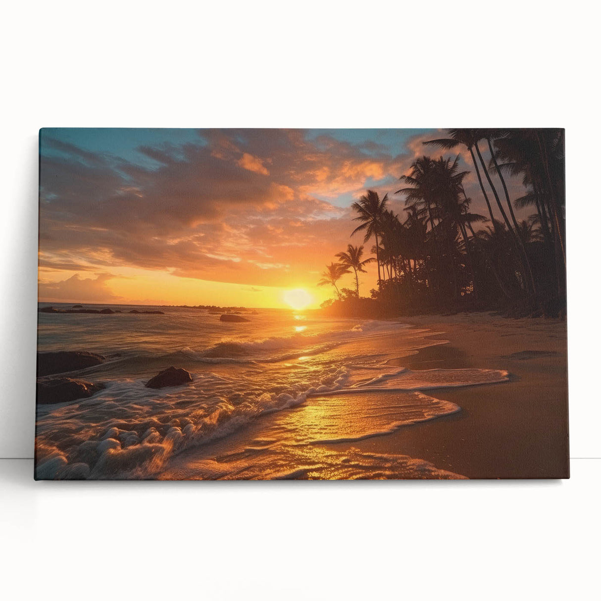 Large black and white stretched canvas featuring a serene Bahamas beach scene, suitable as kitchen wall art.