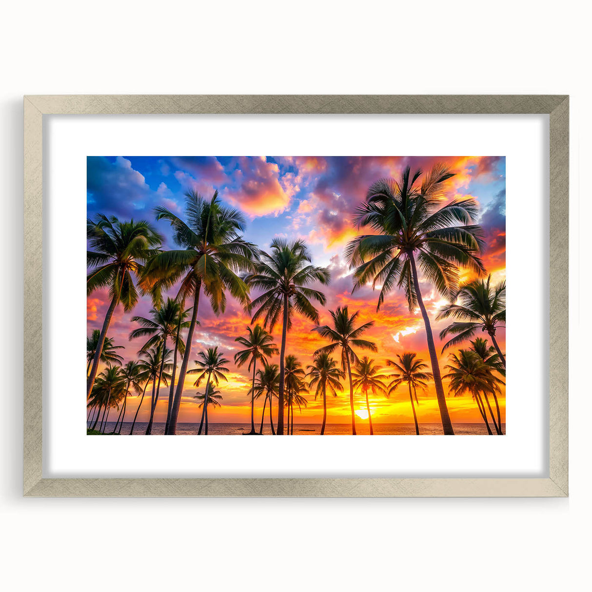 Extra large abstract art print depicting a textured Caribbean scenery in muted blue and green tones, framed in silver.