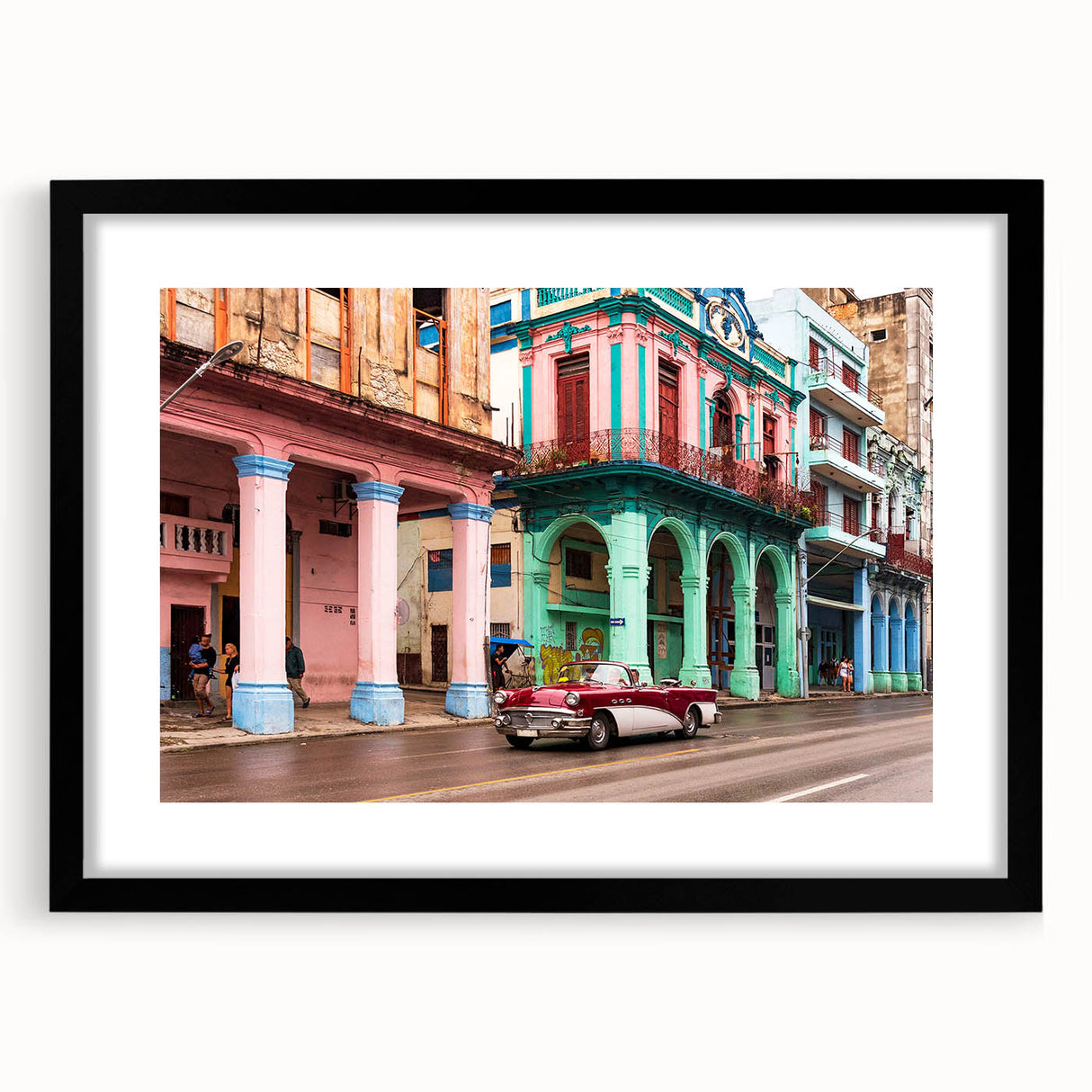 Extra large abstract art print with vibrant Caribbean scenery on textured canvas, framed in black.