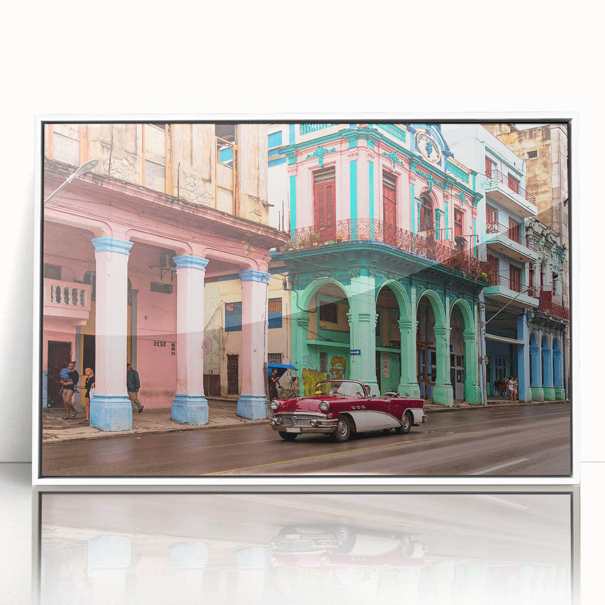Mid-century modernist art featuring a Caribbean Cuban landscape in vibrant colors on a framed acrylic print.