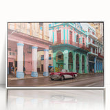Mid-century modernist art featuring a Caribbean Cuban landscape in vibrant colors on a framed acrylic print.