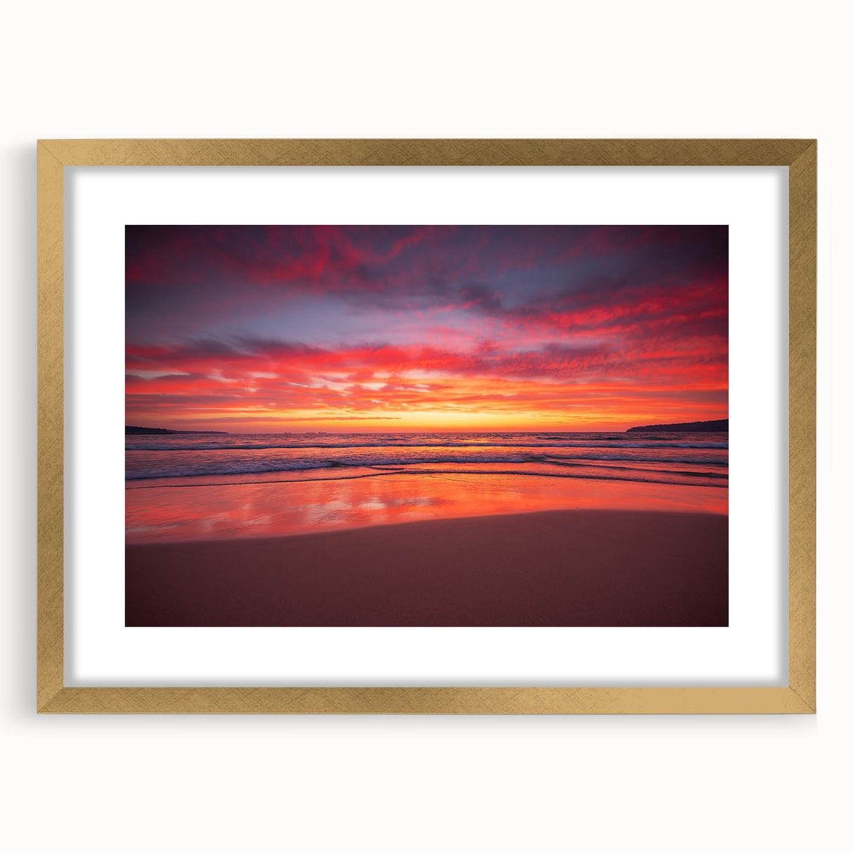Abstract art print featuring vibrant Caribbean scenery in a gold frame, suitable for bedroom or dining room decor.