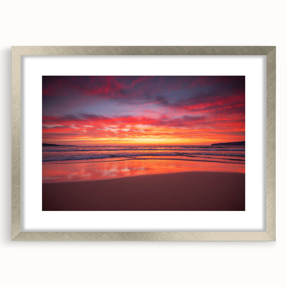 Extra large abstract art print depicting a textured Caribbean scenery in silver frame, ideal for living room decor.