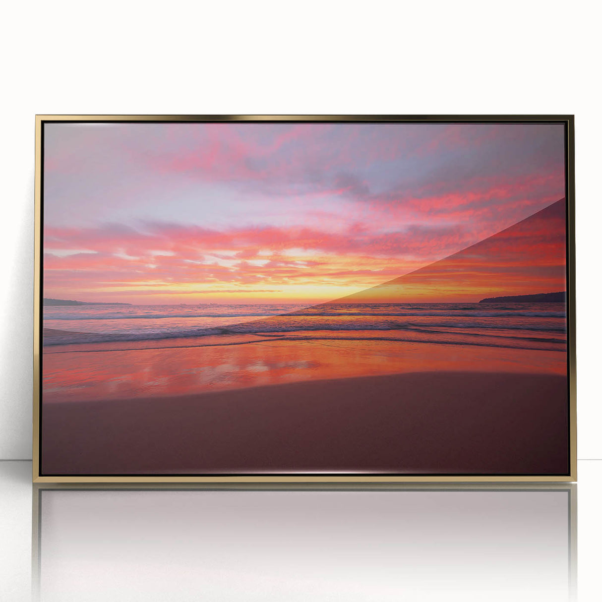 Mid-century modernist art depicting a Caribbean scenery in vibrant gold tones, framed acrylic, ideal for nursery wall art.