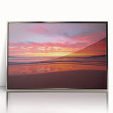 Art deco poster featuring a Caribbean scenery on silver-framed acrylic, with vibrant ocean and sky hues.