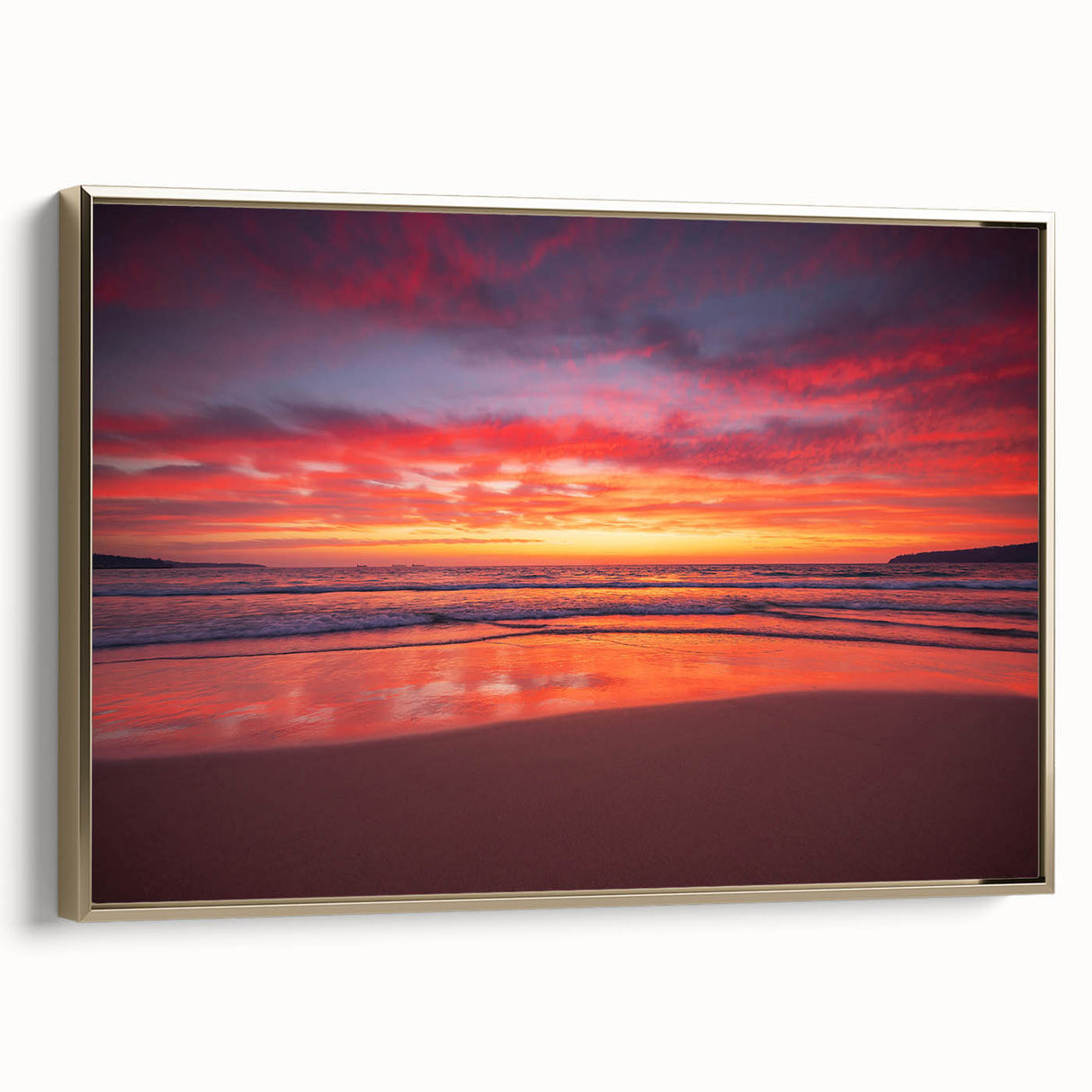 Vintage poster art featuring a scenic Caribbean view on a framed canvas, with a gold side view and vibrant colors.