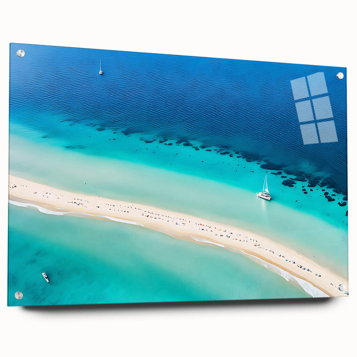 Acrylic print of a Caribbean seascape with vibrant blue and turquoise waters, ideal for bedroom or dining room decor.