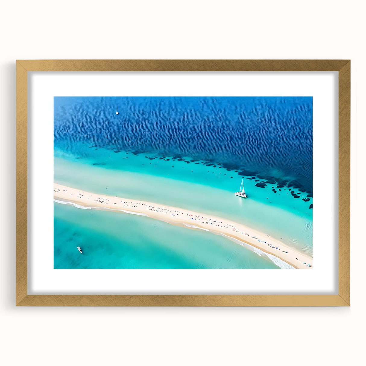 Abstract art print depicting a Caribbean seascape in vibrant blue and green tones, framed in gold.