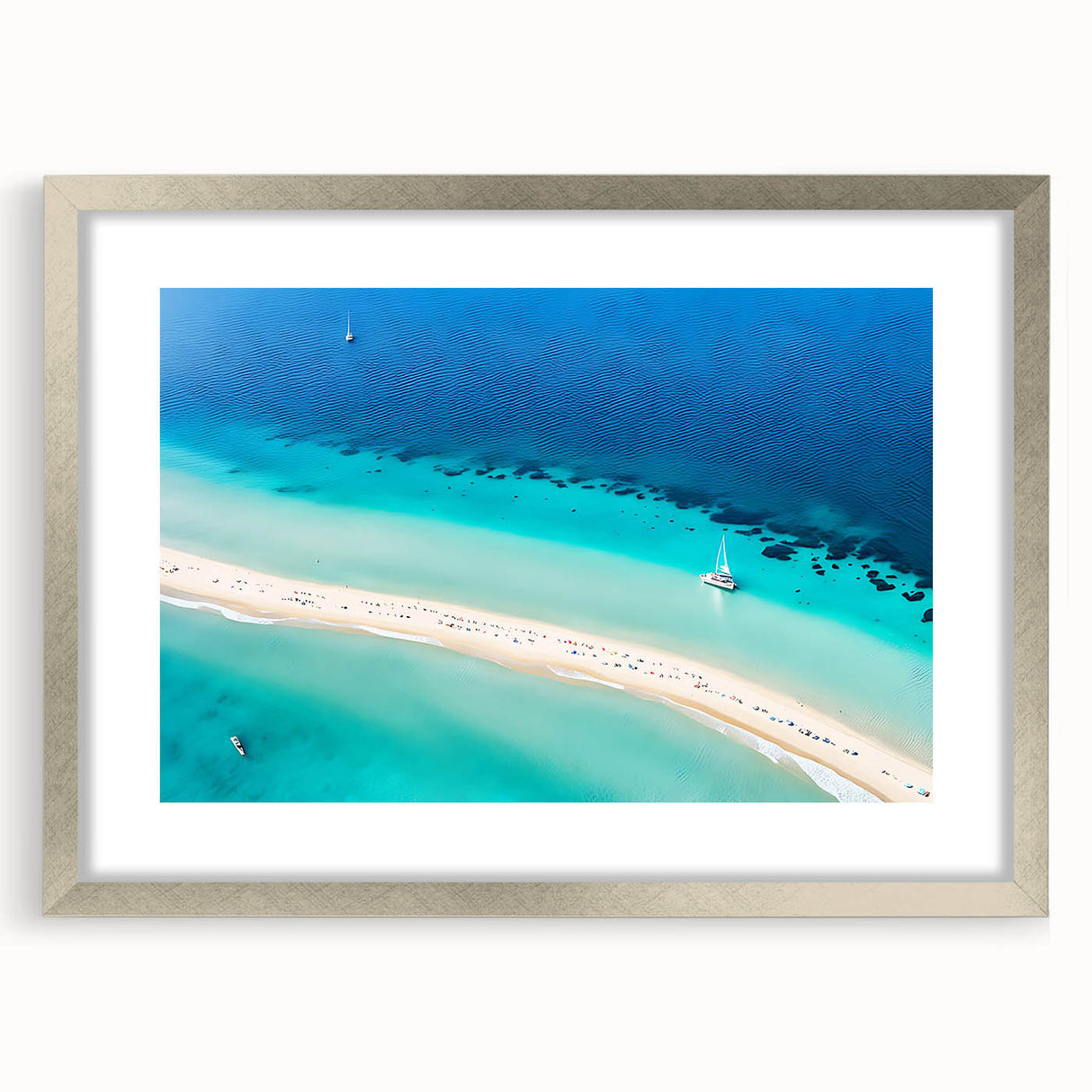 Extra large abstract art print featuring textured Caribbean scenery in vibrant blues and greens on a framed canvas.