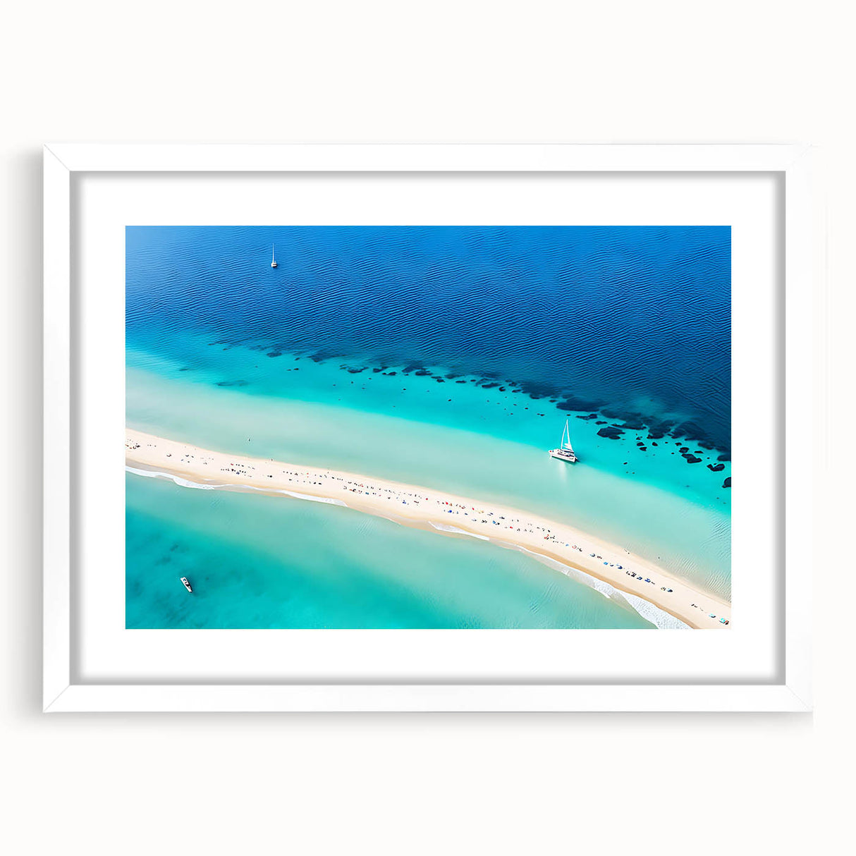 Textured abstract art print of a Caribbean seascape in muted blue and green tones, framed with a white mat.