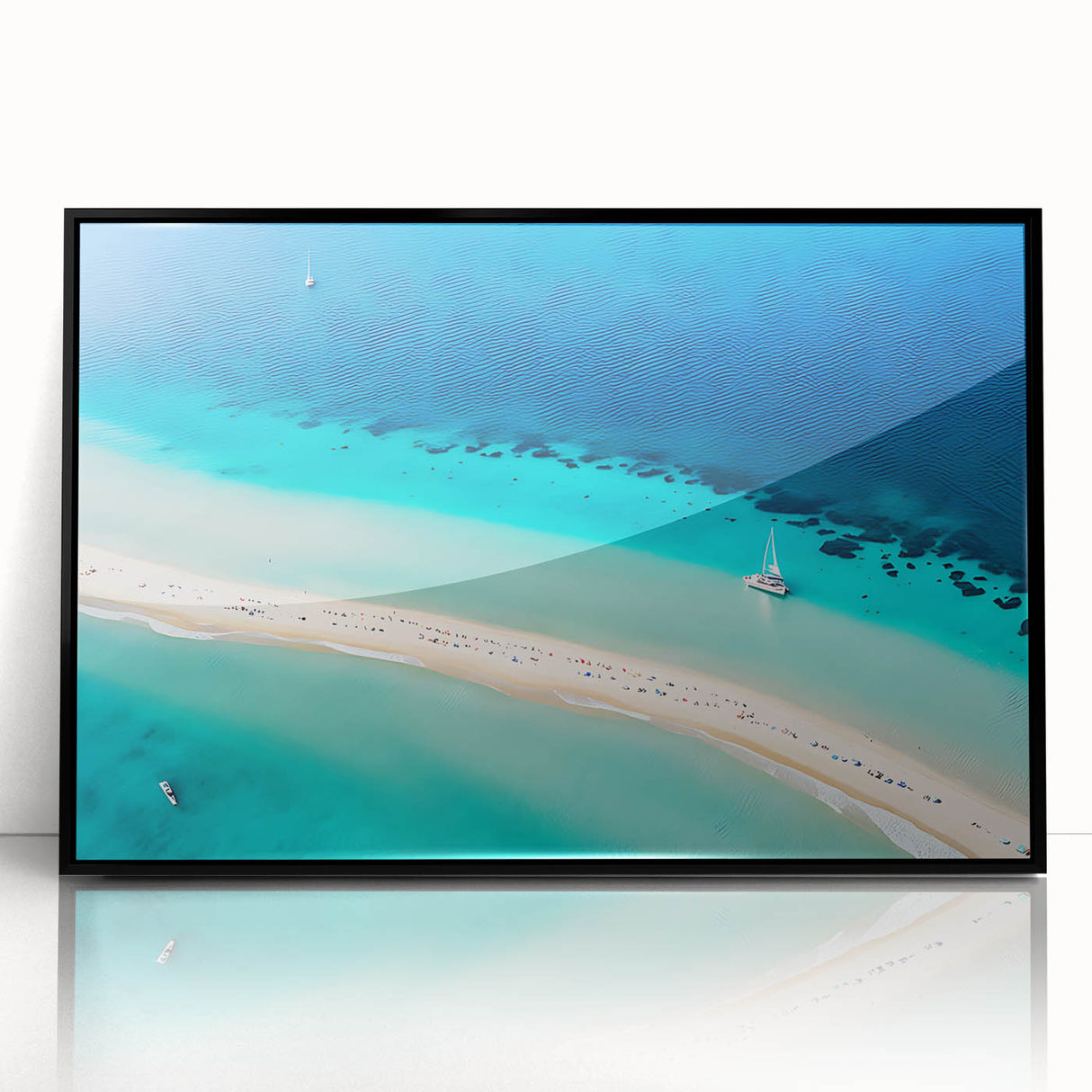 Large abstract wall art depicting a Caribbean seascape in vibrant blue and green tones on a framed acrylic print.