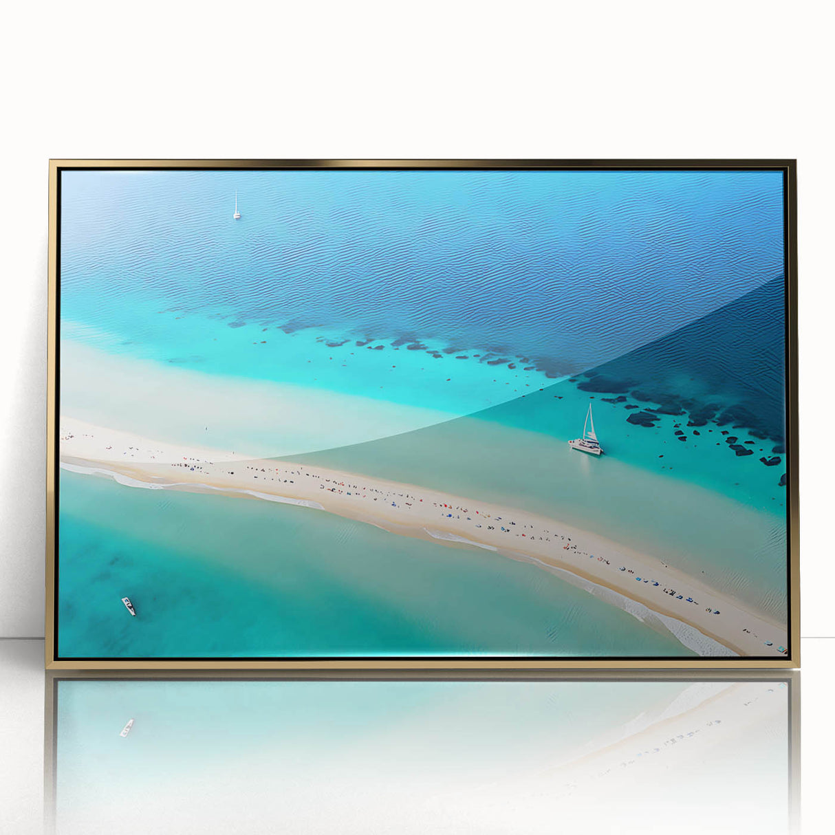 Mid-century modernist art depicting a Caribbean scenery on a framed acrylic print, featuring vibrant blue and green tones.