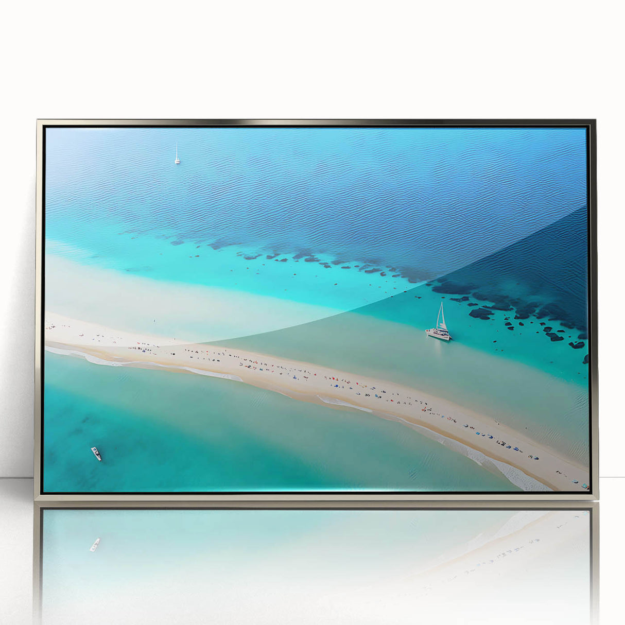 Art deco-style poster featuring a serene Jamaican landscape with muted green and blue tones on a silver-framed acrylic.