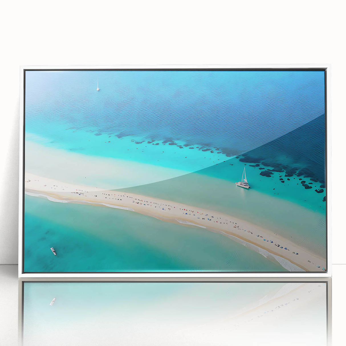 Framed acrylic print of a Caribbean seascape in muted blue and green tones, ideal for modern art wall decor.