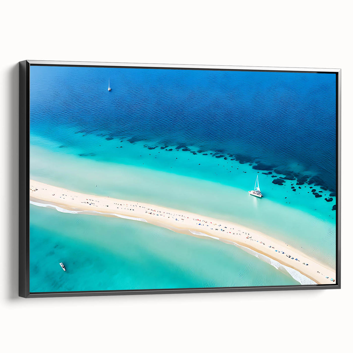 Black and white framed canvas of a vintage Caribbean landscape, ideal for bedroom wall decor.